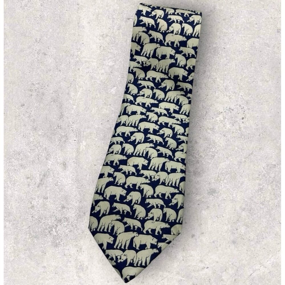 BREUER Silk Tie FRANCE Navy Ivory Polar Bear W:3.7" EUC